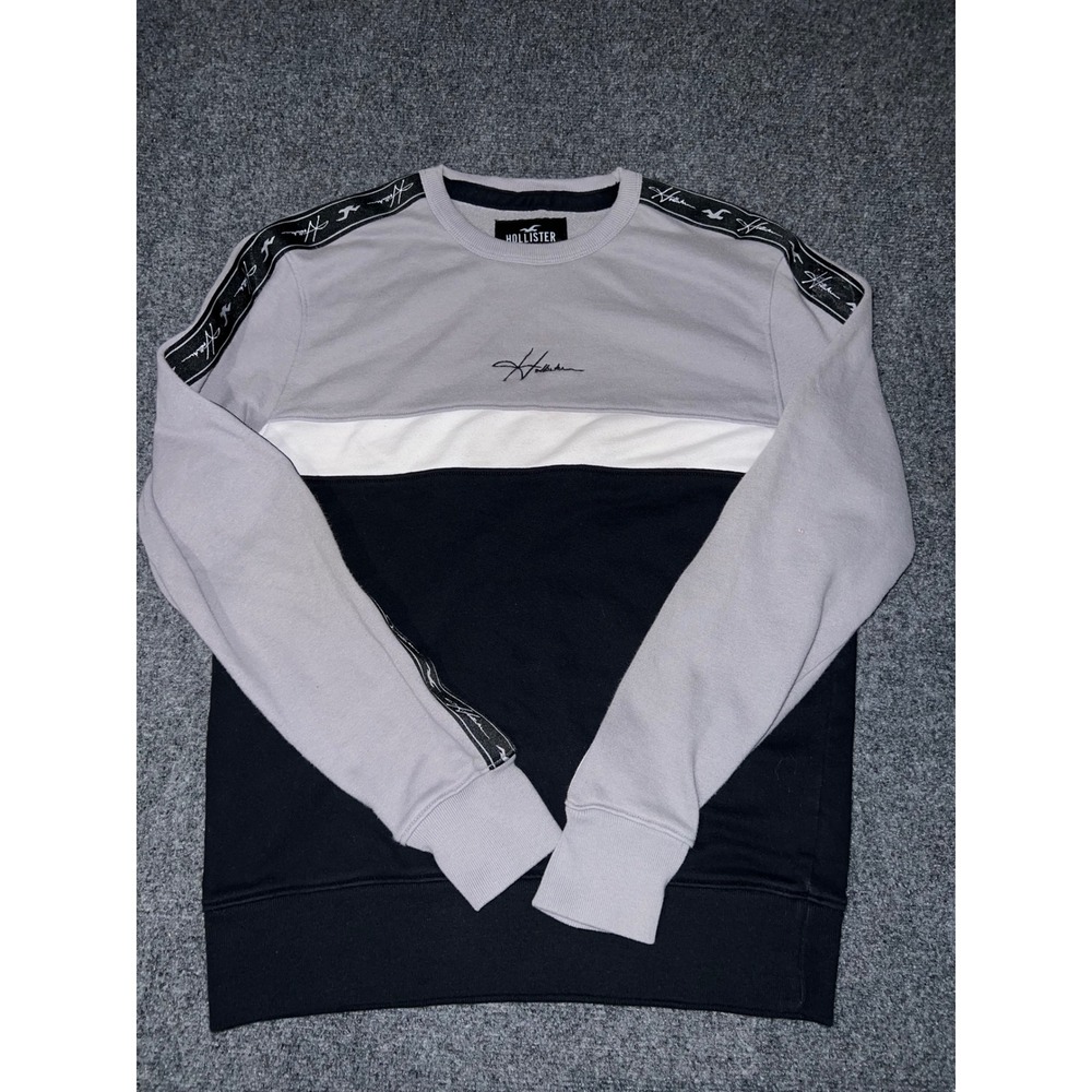 Hollister Colorblock Logo Tape Crewneck Sweatshirt Gray Black White Small